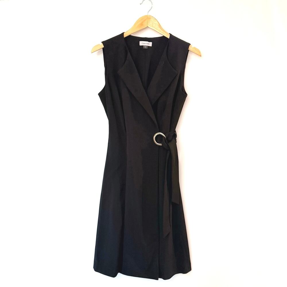 Calvin Klein Dress Size 6 Black Double Breasted Faux Wrap Collar Belt